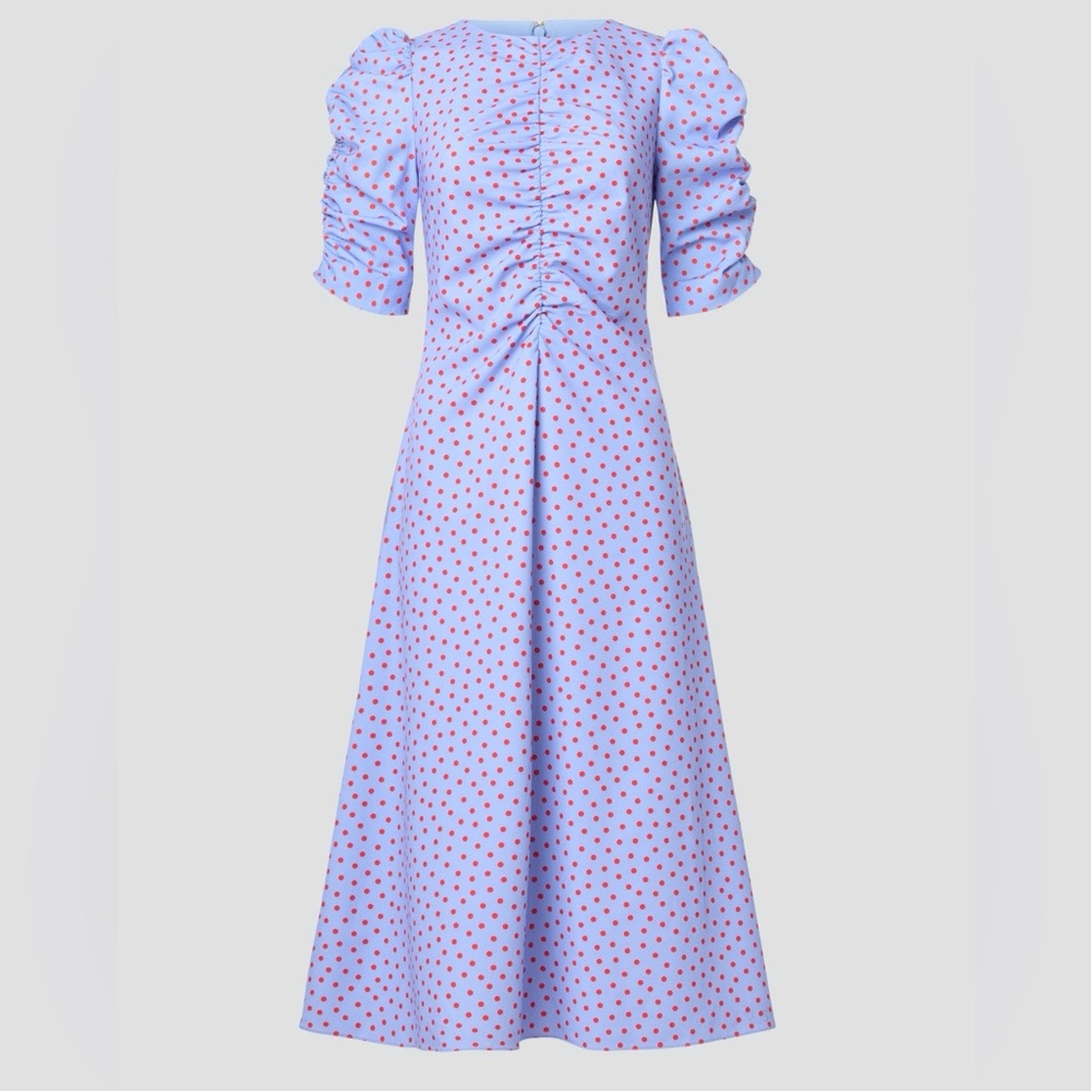 Kate Spade Polka Dot Spring Time Ruched Dress size 8 Periwinkle with Red